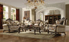Latisha Tan, Pattern Fabric & Antique Oak Sofa w/6 Pillows Latisha Tan, Pattern Fabric & Antique Oak Sofa w/6 Pillows